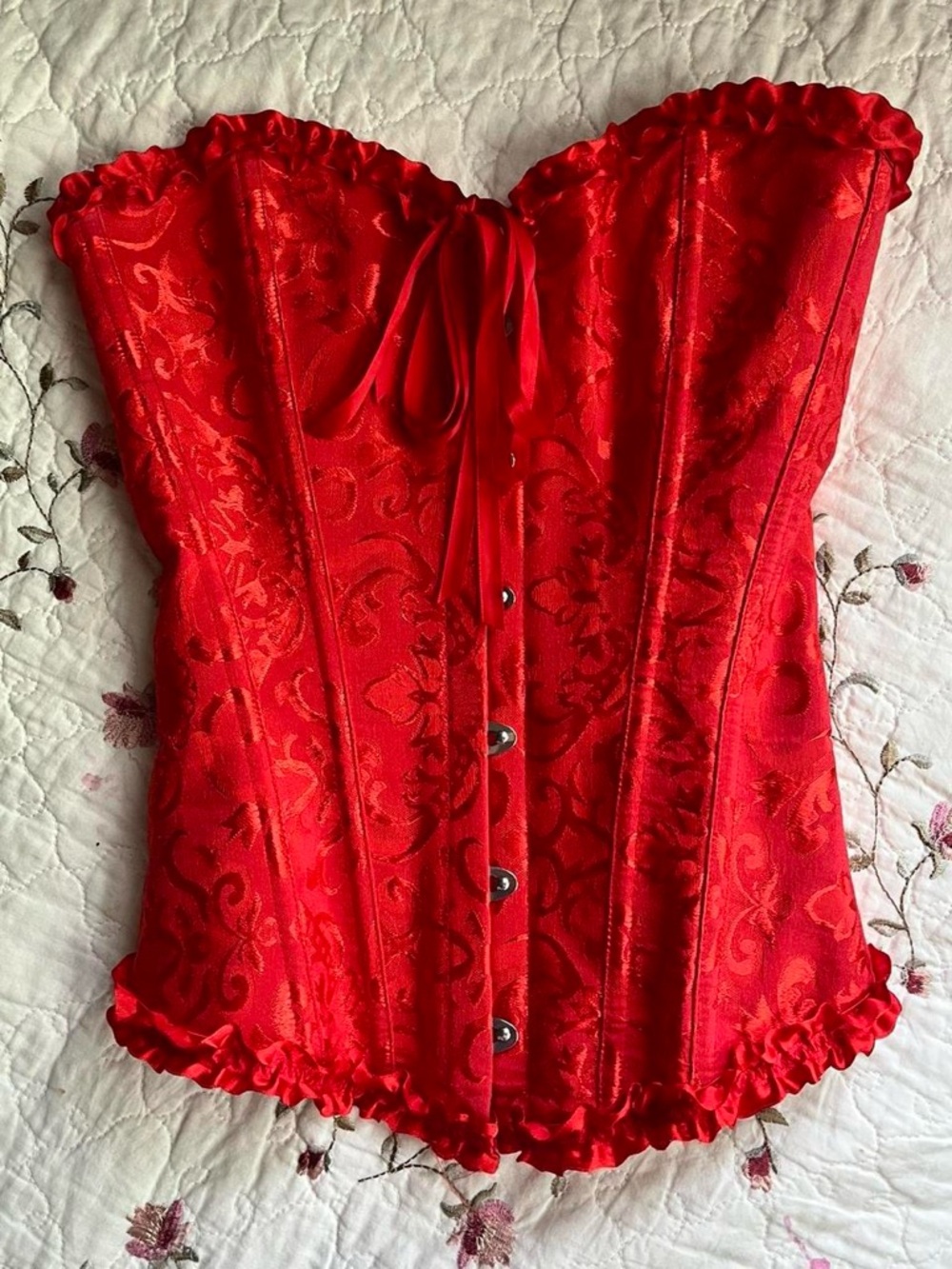 Vintage Red Satin Corset with Boning and Lace Up Back